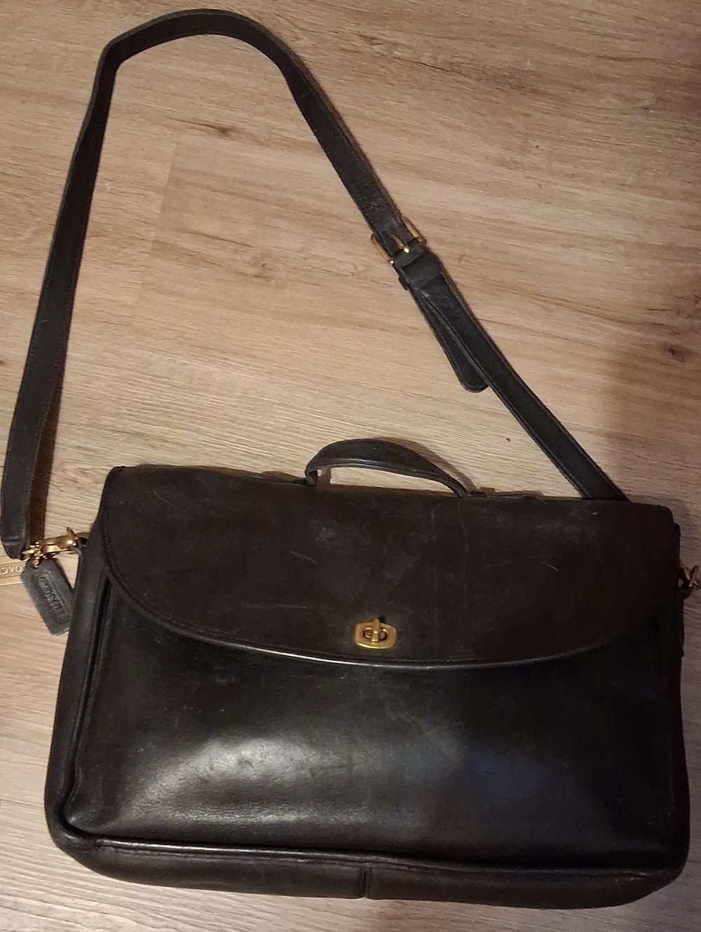 Vintage Coach Black Leather Briefcase with Gold Hardware and Adjustable Strap